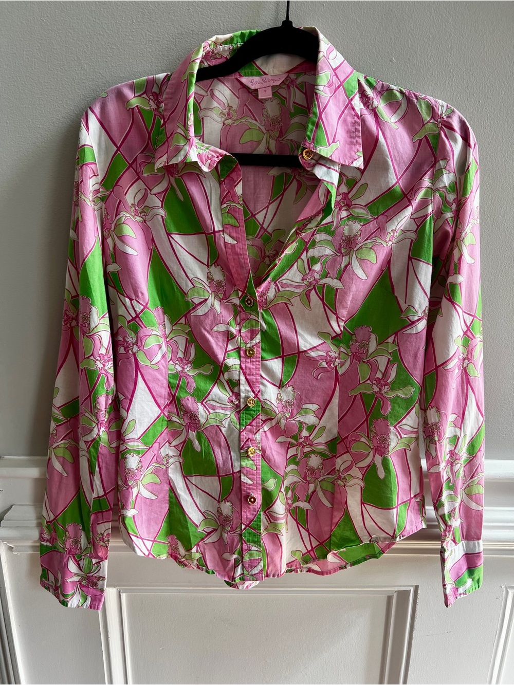 Lilly Pulitzer Pink Green Floral Button Down Shirt Size 8 Long Sleeve